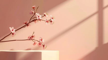 modern minimalist peach empty podium with elegant flower branch display and showcase stand