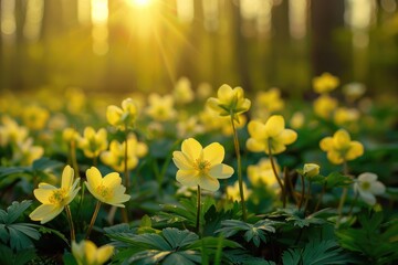 Sunshine Flowers. Beautiful Spring Blossoming of Flowers in Forest with Bright Sunshine Background