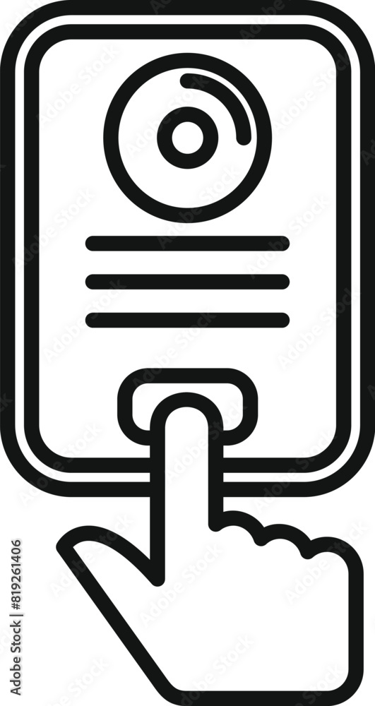 Poster black and white line art of a finger tapping a button with a circular icon, representing interactivi