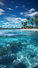 Blue ocean with palm trees in the background. The water is clear and the sky is blue