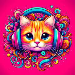 Vibrant colorful illustration of a cat wearing headphones listening to music