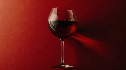   Red wall in background, close-up of wine glass on table, casting shadow onto wall