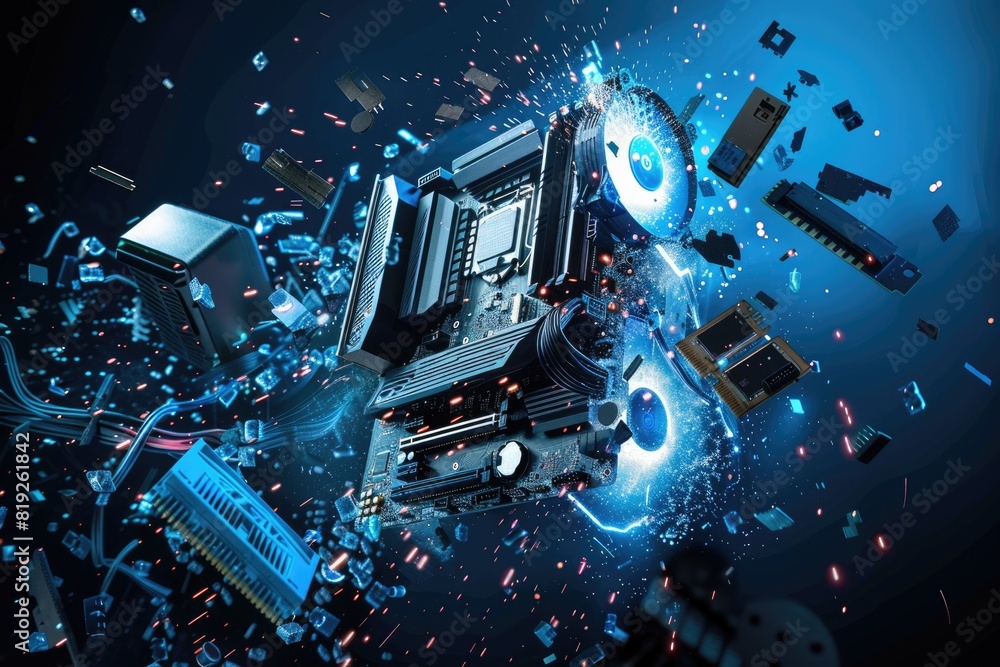 Poster computer parts. flying hardware components in modern abstract technology background
