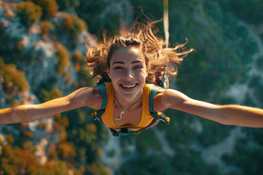 A happy girl on adrenaline, screaming with pleasure, jumped from a bird's eye height. Skydiving. Bungee jumping. Vivid emotions