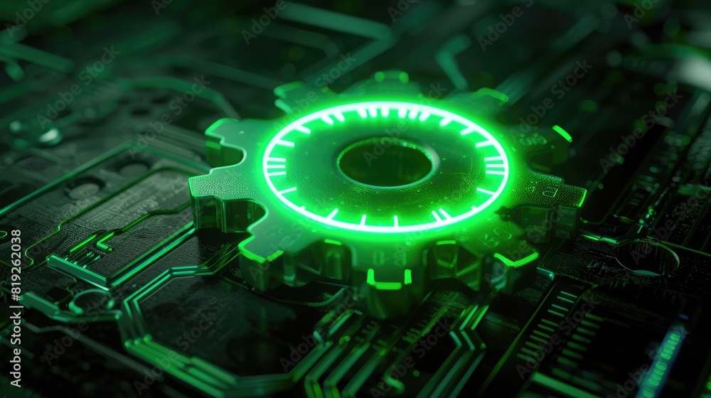 Poster dark background tech. neon cog setting symbol on high tech green floor