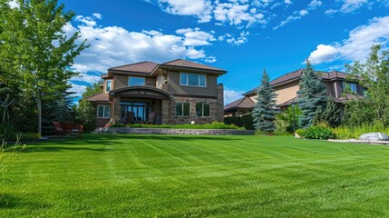 Obraz premium Landscaping Lawn Care. Estate Home with Green Grass Lawn in St. Albert, Alberta, Canada