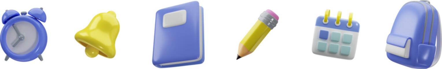 Set of 3D school icons, accessories for learning. Backpack, calendar, pencil, book, workbook, bell. Vector signs of education, development for boys. Cute plasticine style Back to school concept