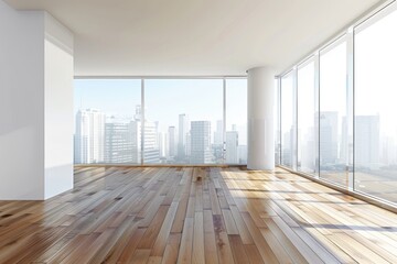 Obraz premium Flooring Home Interior. Clean and Modern Apartment with Hardwood Floors in City Background