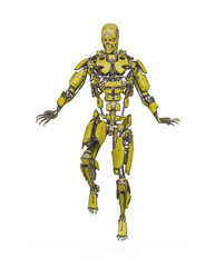 mega cyborg is floating and looking for action in white background