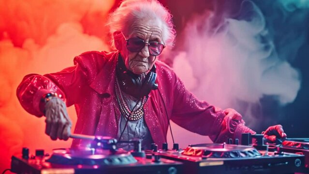 Funky DJ Grandma dances and plays electro music on a turntable. 