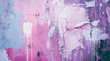 Messy paint strokes and smudges on an old painted wall. Pink, purple, white color drips, flows, streaks of paint and paint sprays PHOTOGRAPHY


