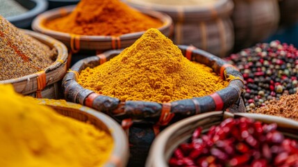 Global Spice Explosion: A vibrant close-up shot of various colorful spices like turmeric, paprika, and chilies overflowing from open bowls