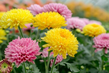 Close-up shot of blooming Chrysanthemum flowers with vivid colors - Gardening - Floristry