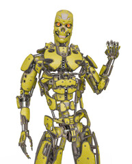 mega cyborg is standing up in white background