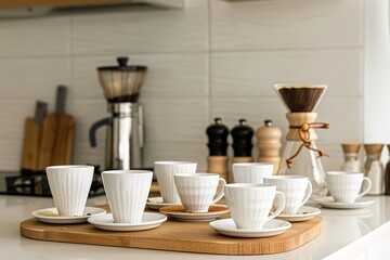 Elegant coffee cups on wooden tray in modern kitchen