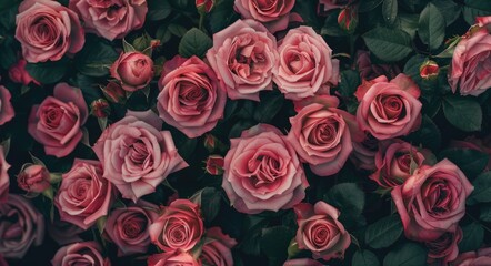 Obraz premium Top View Rose. Beautiful Pink Rose Bouquet with Blossoming Flower Petals