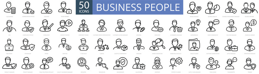 Set of 50 Business People Icons. Outline Icons of Business Professions and Roles, human resources, office management - thin line web icon set. Outline icons collection. Simple vector illustration