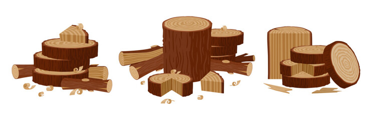 Chopped firewood. Cartoon firewood piles and stacked bonfire firewoods flat vector illustration set. Wooden bonfire logs