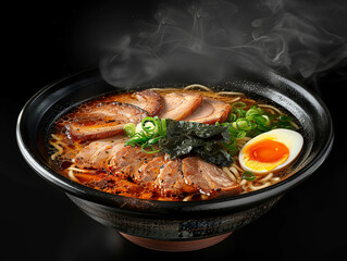 A steaming bowl of ramen with slices of pork, boiled egg, seaweed, and green onions, served in a traditional bowl, black background, studio lighting, high contrast, photorealisticClose-up