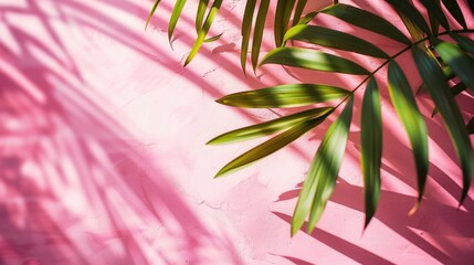 Obraz premium Natural Product Background. Blurred Shadow of Palm Leaves on Bright Pink Wall for Minimal Abstract