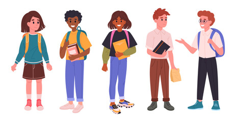 Junior high school students. Middle school students with backpacks and books, happy friends going to school flat vector illustration set. Male and female school pupils