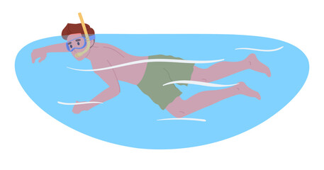 Man dives. Male character diving in water, guy swimming in sea or ocean, summer vacation activity flat vector illustration. Cartoon man diving with snorkel