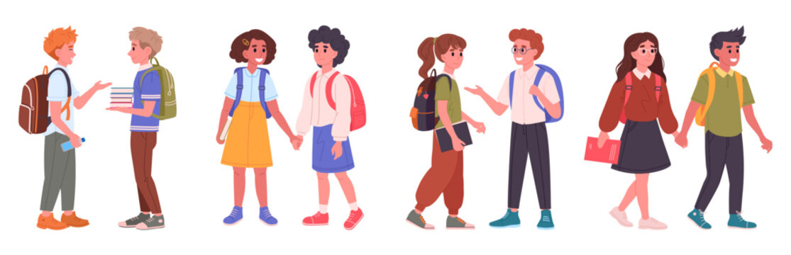 Middle school students couples. Happy friends going to school, male and female school pupils with backpacks flat vector illustration set. Junior high school students