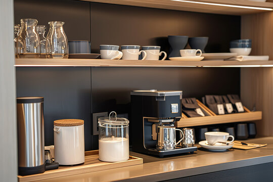 Modern coffee corner with sleek machine and stylish accessories