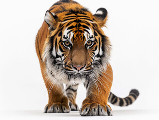 Obraz premium Bengal Tiger Walking Towards Camera on White Background