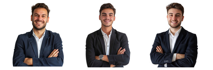 Set of young business man smiling and standing posing arms crossed, isolated on a transparent background