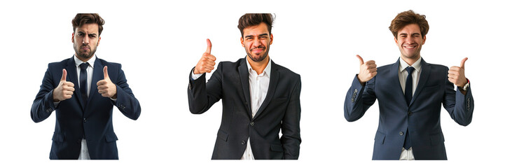 Set of young business man unhappy and standing and showing thumbs up, showing bad luck isolated on a transparent background