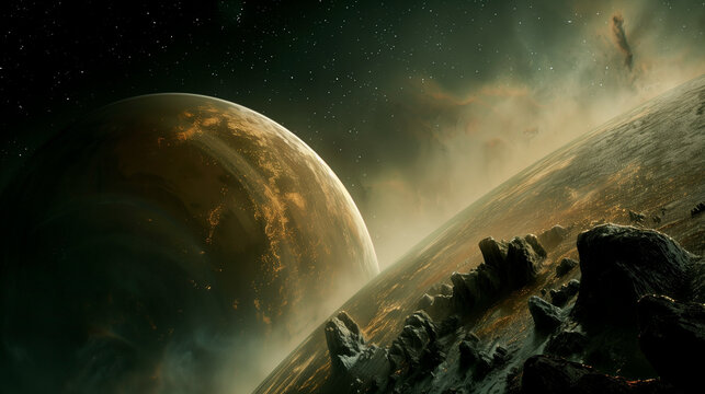 A rocky alien planet with a giant moon behind it