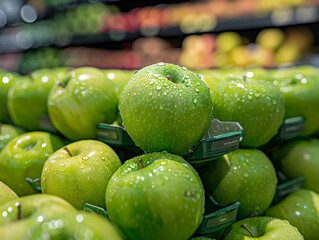 Green apples with water droplets in a supermarket.