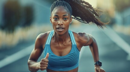 Portrait of an african american female athlete running an competing