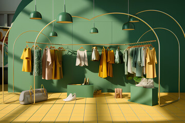 Clothes hangers are surrounded by bags and market props with geometric shapes on the floor in yellow and green colours. 3d rendering