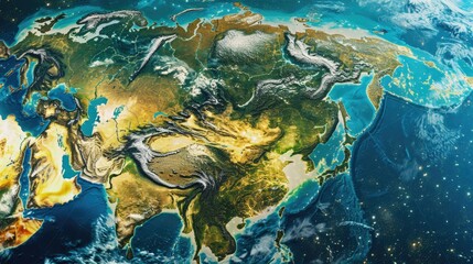 Physical map of Eurasia, Europe and Asia. Flattened satellite view of Planet Earth.