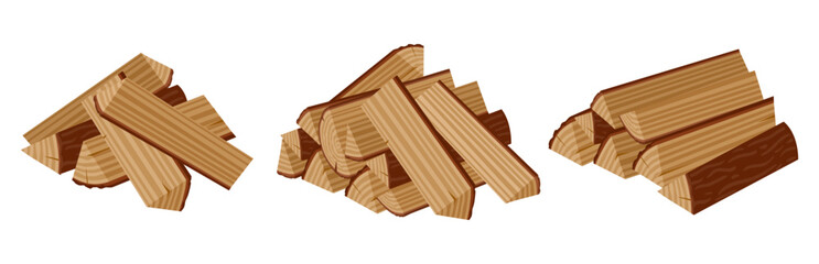 Wooden logs. Bonfire firewood, wood industry materials flat vector illustration set. Cartoon stacked firewood on white