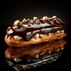 Food photography of a decadent chocolate éclair with a glossy chocolate glaze and cream filling, black background, studio lighting