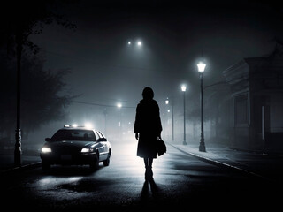 Stop violence, single woman silhouette near the police car at night