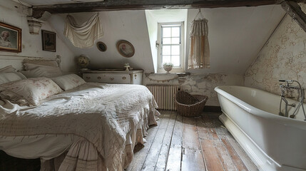   A cozy bedroom featuring a comfortable bed, luxurious bathtub, practical sink, and a corner window for a peaceful view