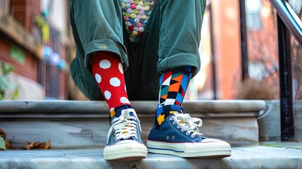 Person wearing mismatched socks with polka dots and geometric patterns, and blue sneakers, sitting on stone steps. Close-up urban fashion photography. Street style concept.