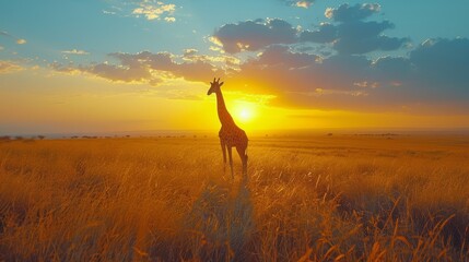 Giraffe Standing in Field at Sunset