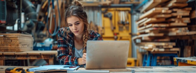 Fototapeta premium Young Woman Using Laptop in Workshop