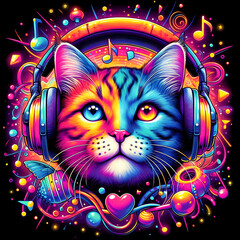 Vibrant colorful illustration of a cat wearing headphones listening to music