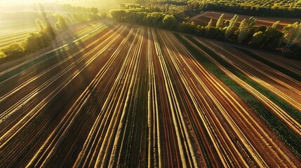   Aerial view of plowed field with sunlight filtering through surrounding trees