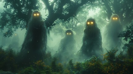 Ancient forest spirits with glowing eyes and ethereal forms, emerging from the trees and blending with the surrounding flora in a mystical forest