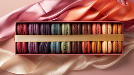 Naklejka premium A colorful assortment of macarons in a decorative box against a background of silky fabric, creating an elegant and appetizing display.