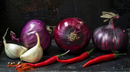 still life - sweet purple Crimean onion, garlic and Cayenne red pepper on black background