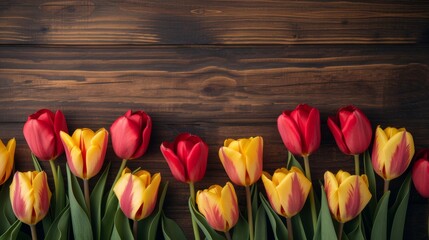 A vibrant row of red and yellow tulips against a rustic wooden background, capturing the beauty of spring in a stunning floral arrangement.