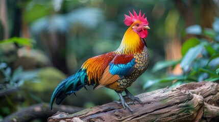 Fototapeta premium mighty colorful short-legged Bantam chicken perched on wood